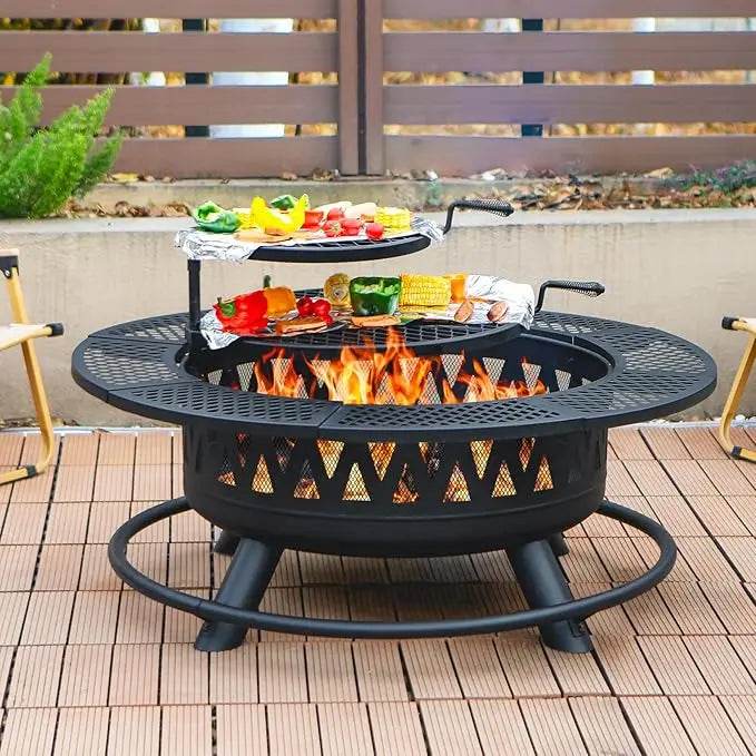 42 Inch Fire Pit with 2 Grills, Large Outdoor Firepits for Outside, Wood Burning Fireplace, 3-in-1 Ro - Loft&Timber