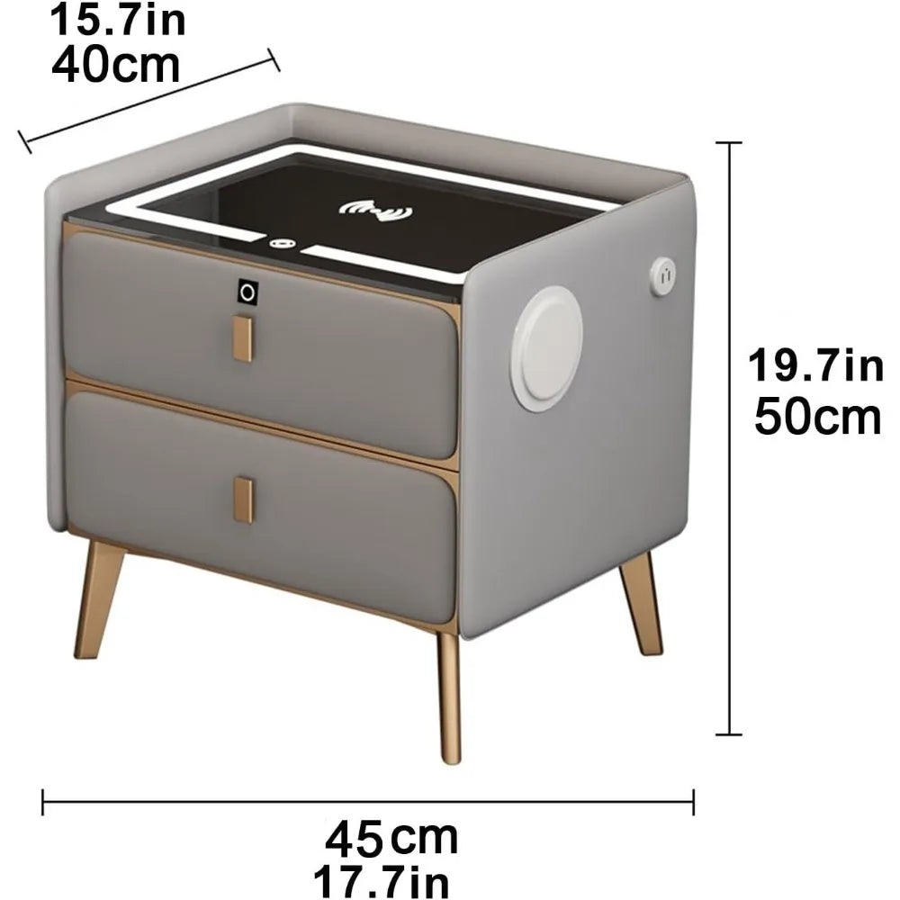 Modern Bluetooth Nightstand with LED Light, 2 Drawers, and Fingerprint Lock