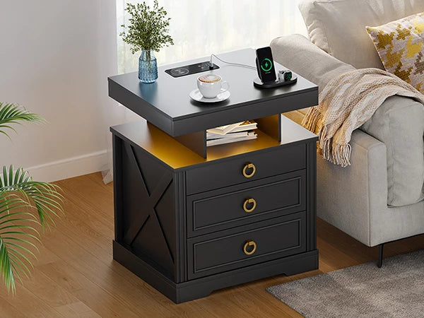 JDPAG Farmhouse Nightstand with Lockable Gun Drawer,3 Color Dimmable LED End Table with Charging Station,Bedside Table with Huma