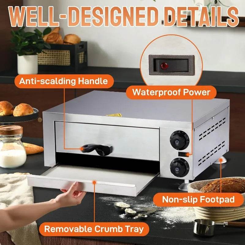 Electric Countertop Pizza Oven, Commercial Indoor Pizza Oven Stainless Steel 1100W with Removable Crumb Tray - Loft&Timber