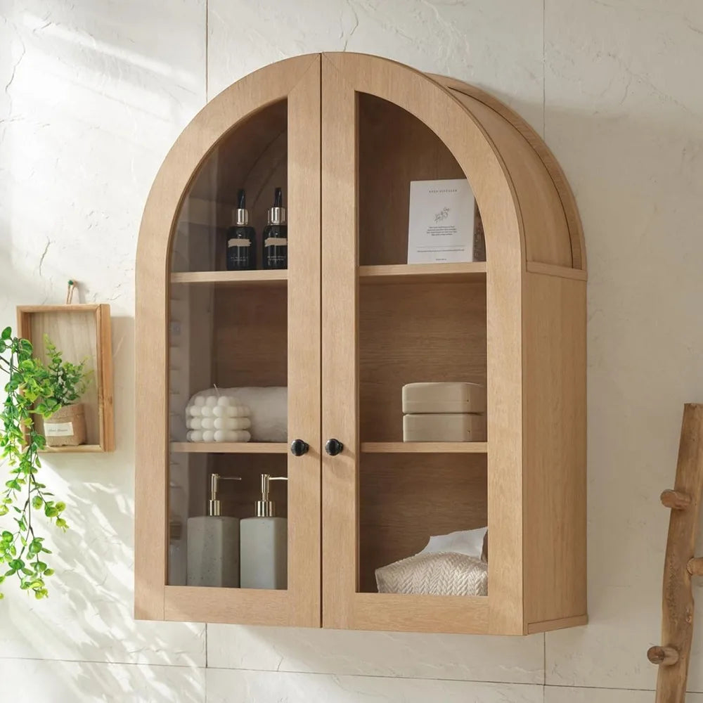 Arched wall-mounted bathroom cabinet with glass doors, 23.5" x 31.4" over-the-toilet storage