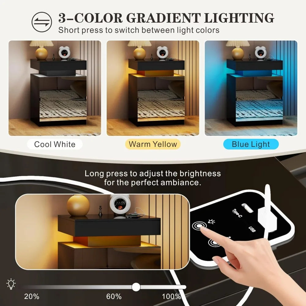 LED Nightstand Set of 2 - Bedside Table with Charging Station and 2 Mirrored Drawers Sliding Top with Magnetic Lock - Modern