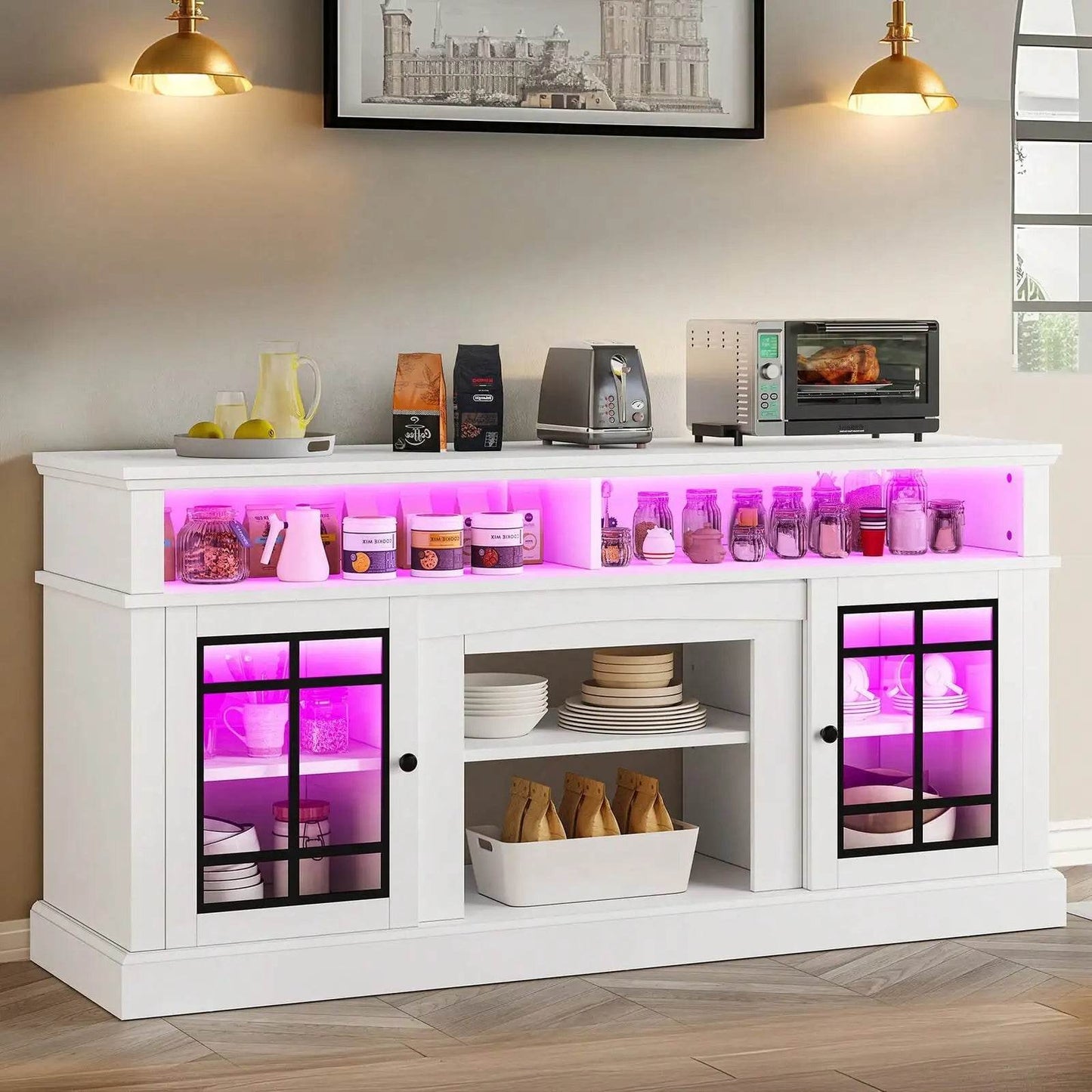 65'' Farmhouse Sideboard Buffet Cabinet with LED Light - Loft&Timber