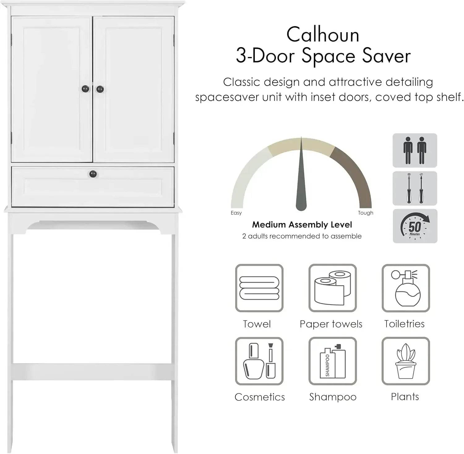 Over The Toilet Storage Cabinet, Bathroom Above Toilet Storage Cabinet with Doors and Adjustable Shelves, White - Loft&Timber