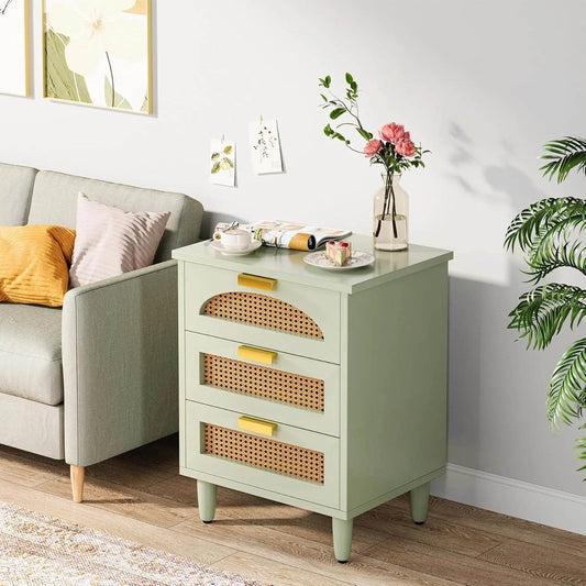 Mint Green Nightstand, 3-Drawer Rattan - Loft&Timber