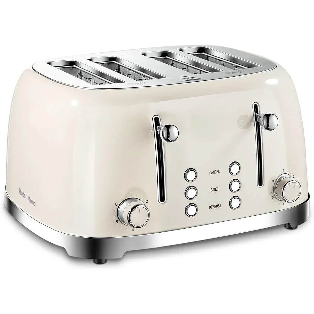 4 Slice Toaster Stainless Steel Retro Design Bagel Defrost Cancel Function 6 Settings Extra Wide Slot Removable Crumb