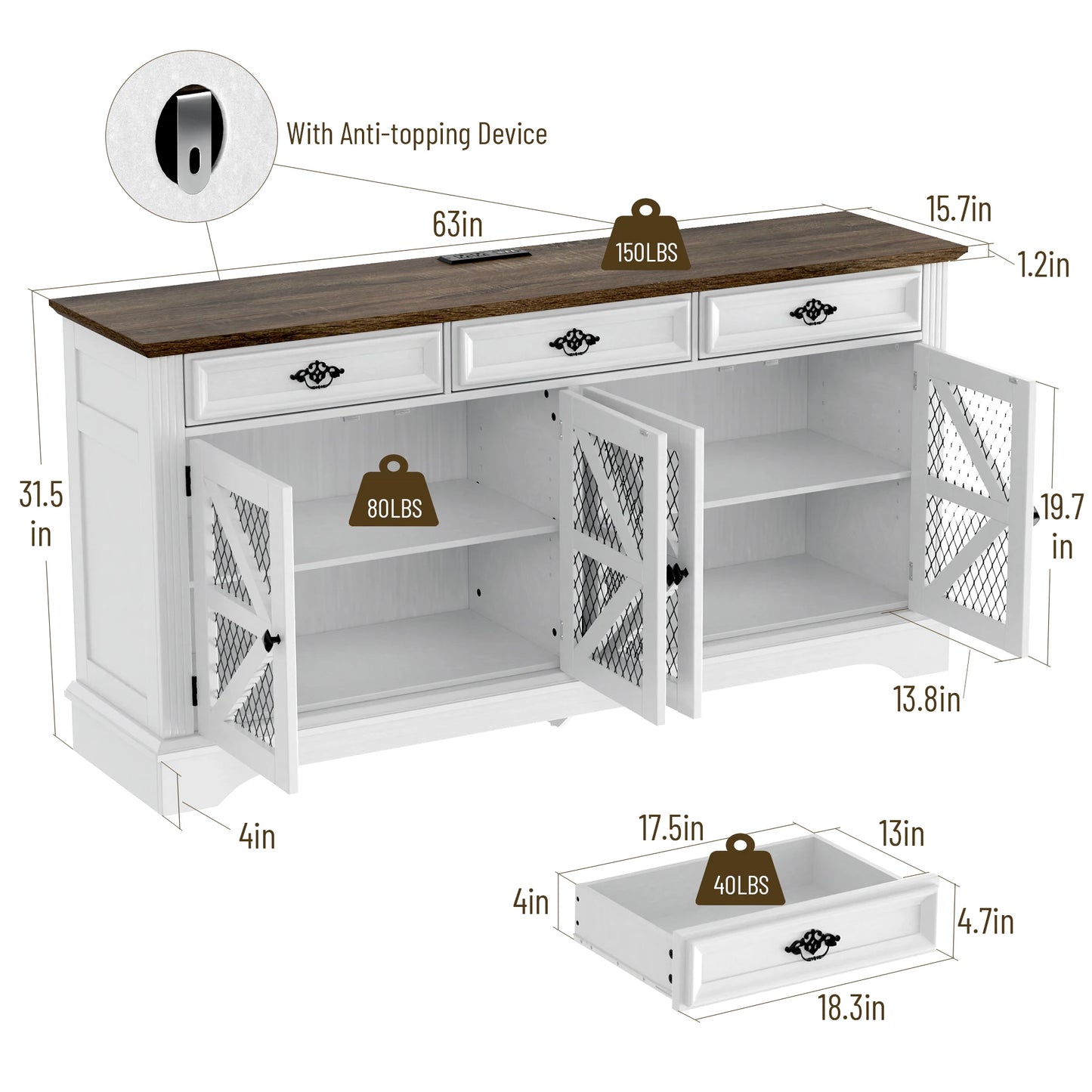ZBOM 63" Farmhouse Buffet Sideboard Cabinet with 3 Drawers and Charging Station - Loft&Timber