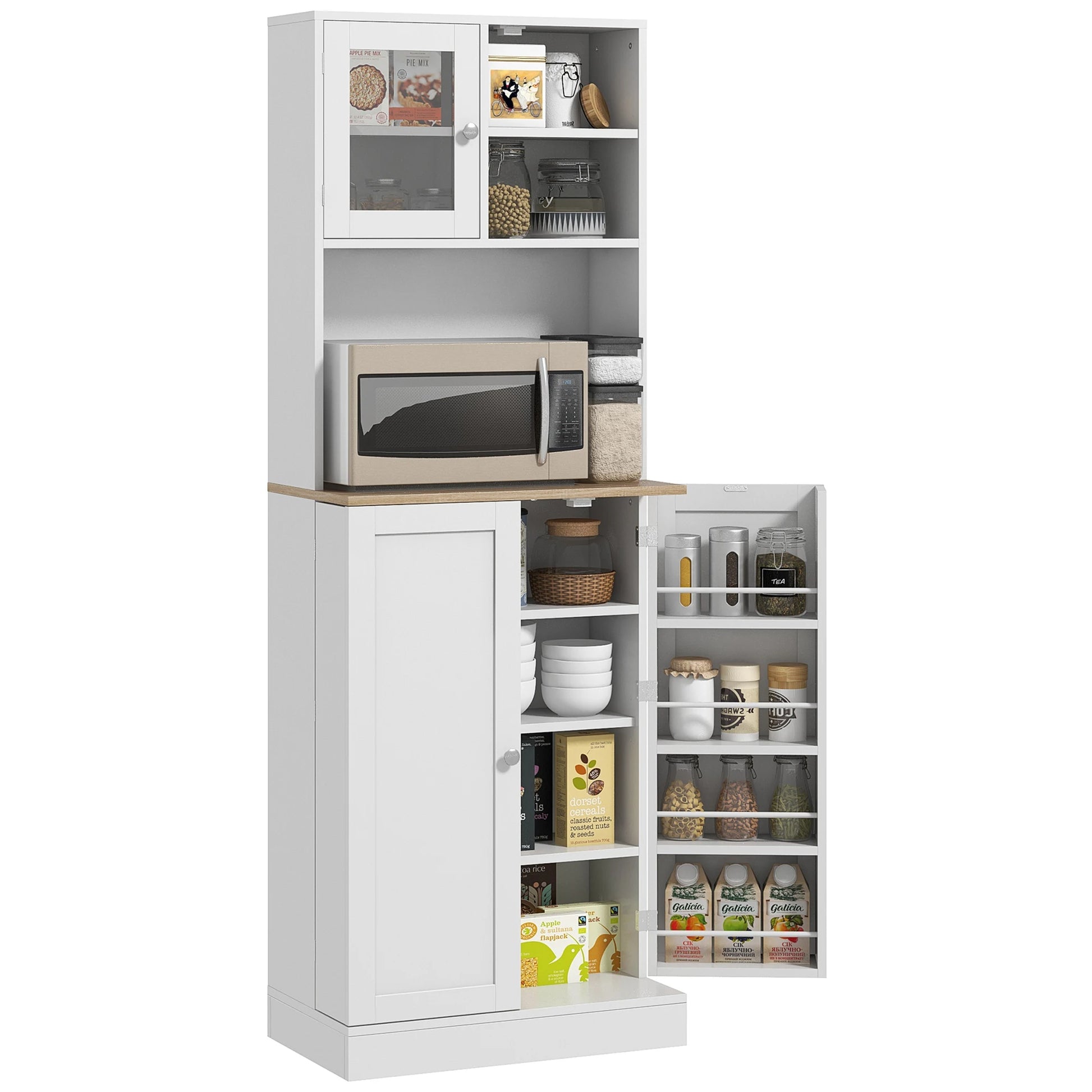 HOMCOM 66.5" Tall Kitchen Pantry Storage Cabinet with Microwave Stand White - Loft&Timber
