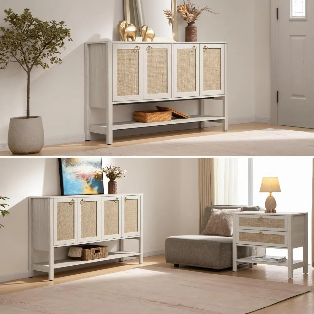 55" 4 Door Rattan Sideboard Buffet Cabinet with Open Storage - Loft&Timber