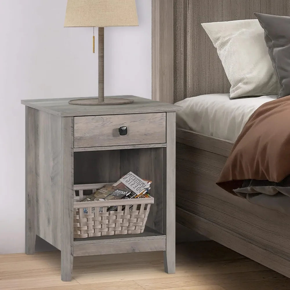 Nightstands - Set of 2 Wooden Night Stands, Bedside Tables, with Drawers, Farmhouse Style Bedroom Furniture (Grey Wood Grain, 1