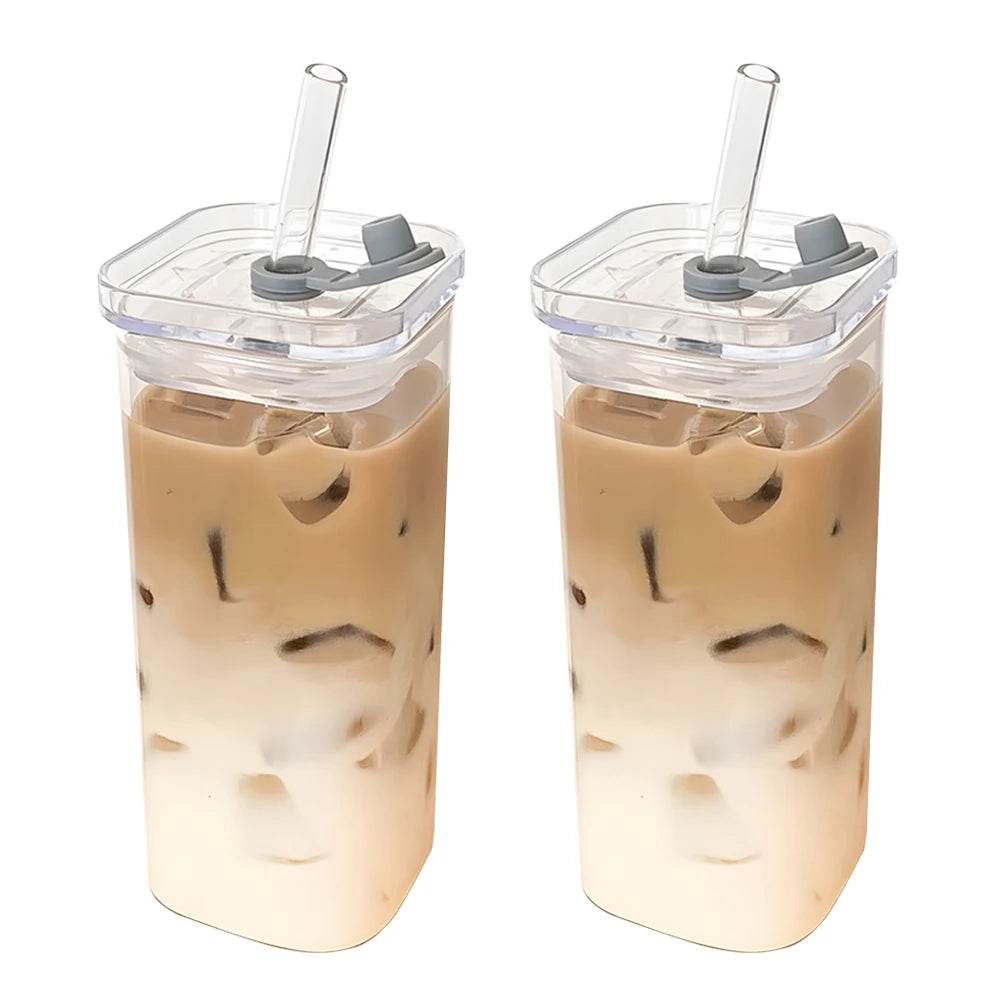 2Pcs Glass Water Cup with Lid and Straw 400ML - Loft&Timber
