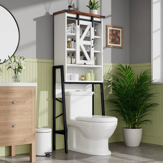 rustic farmhouse-style toilet storage cabinet with adjustable shelves and barn door