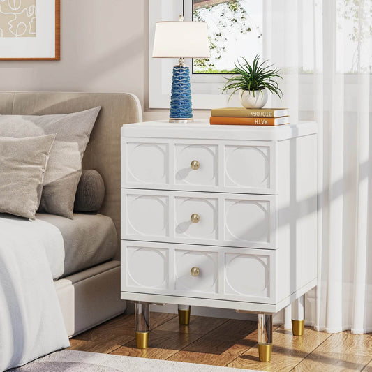 Tribesigns 3-Drawer Nightstand Tall White and Gold - Loft&Timber