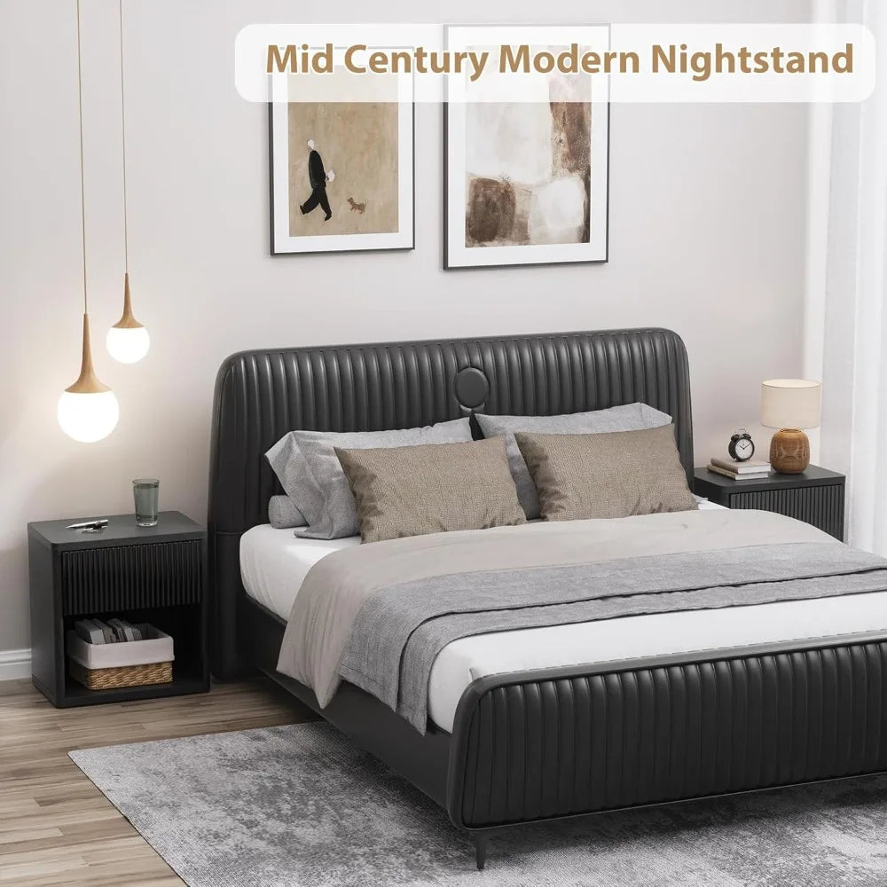 22.8" W Black Nightstand Set of 2 with Hidden Drawers and Open Shelves, Mid Century Modern Nightstand Curved Profile, Lar