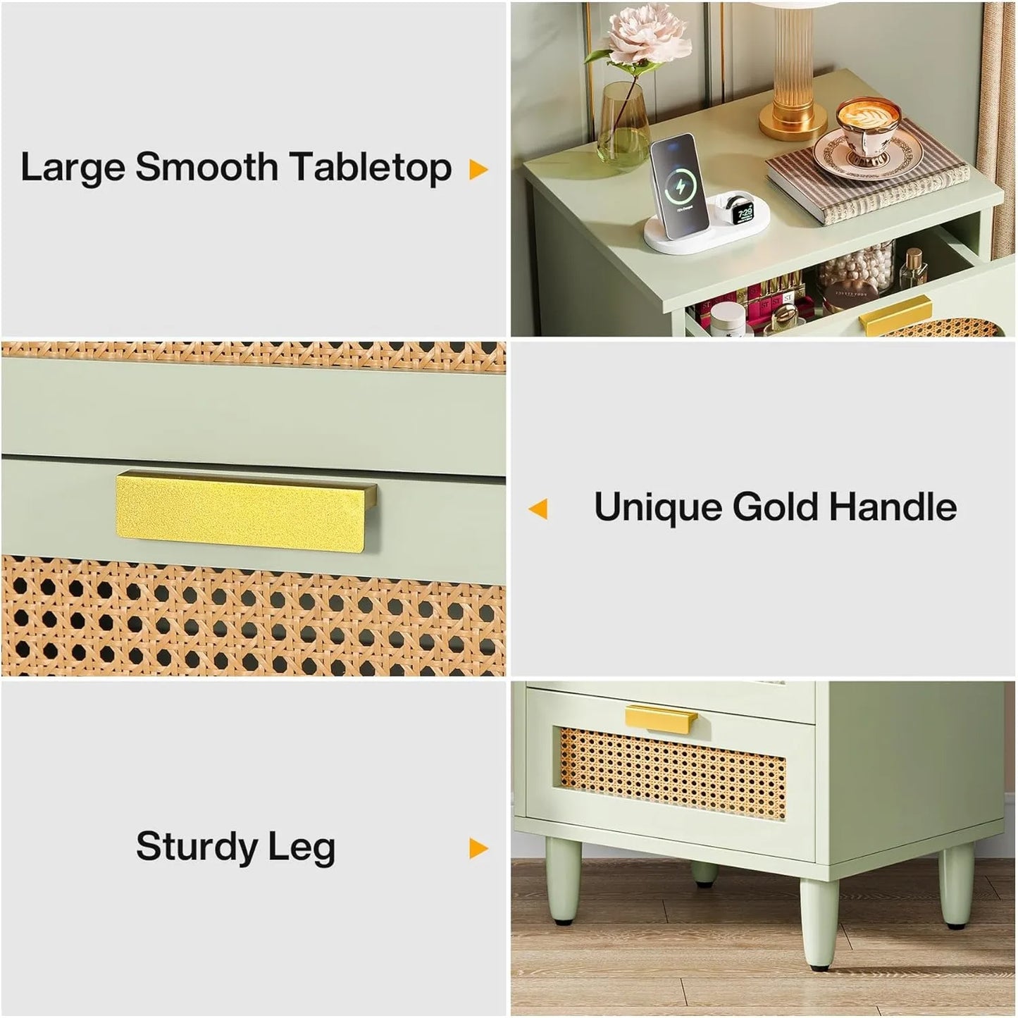 Mint Green Nightstand, 3-Drawer Rattan Night Stand Side Table, Accent Bedside Tables End Table for Bedroom and Small Spaces