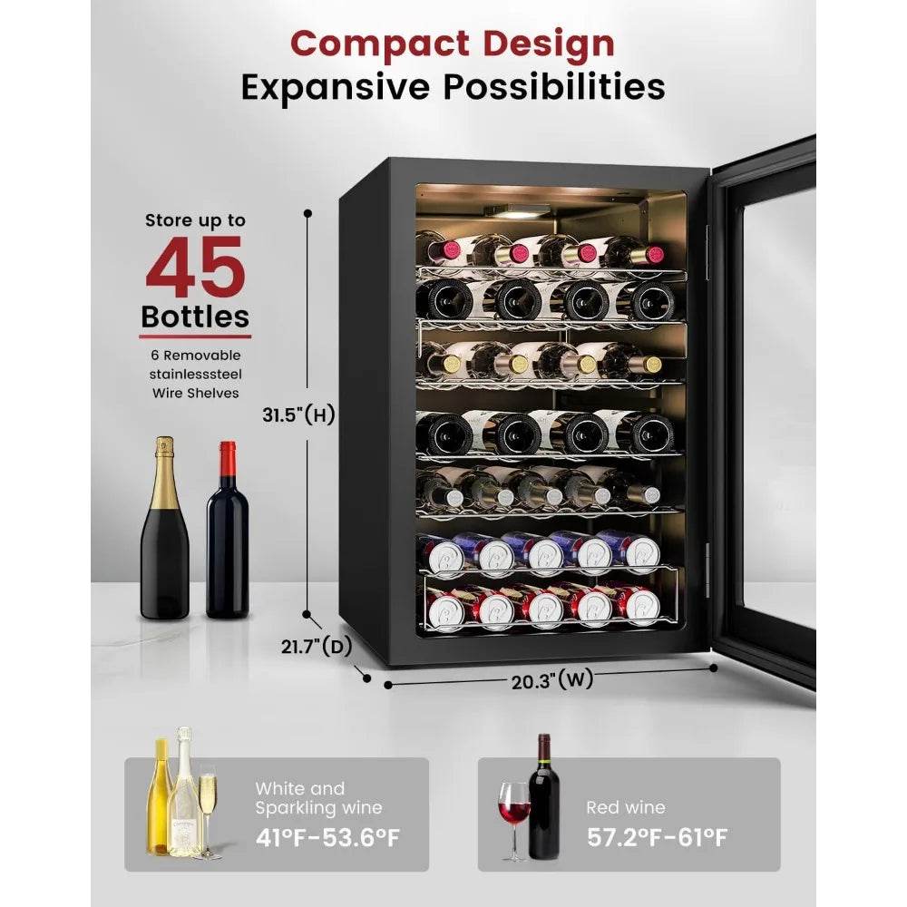 Wine Cooler Refrigerator - 45 Bottle Mini Wine Fridge with Glass Door - Loft&Timber