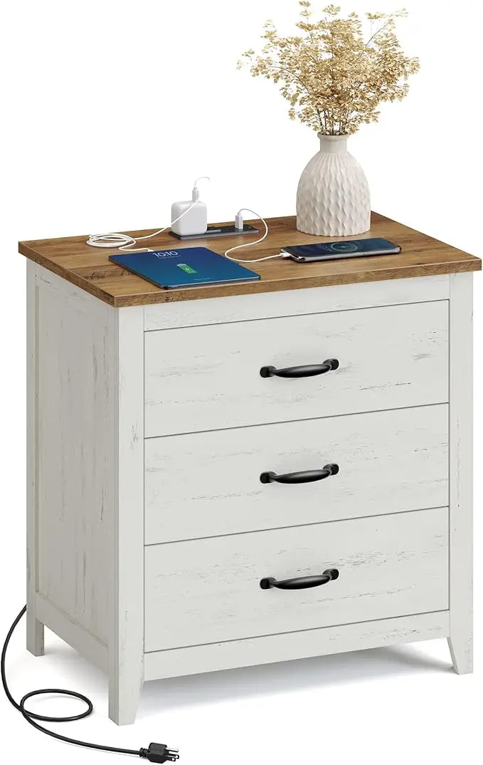 Charging Station Farmhouse Nightstand - 3 Drawer Bedside Table for Bedroom