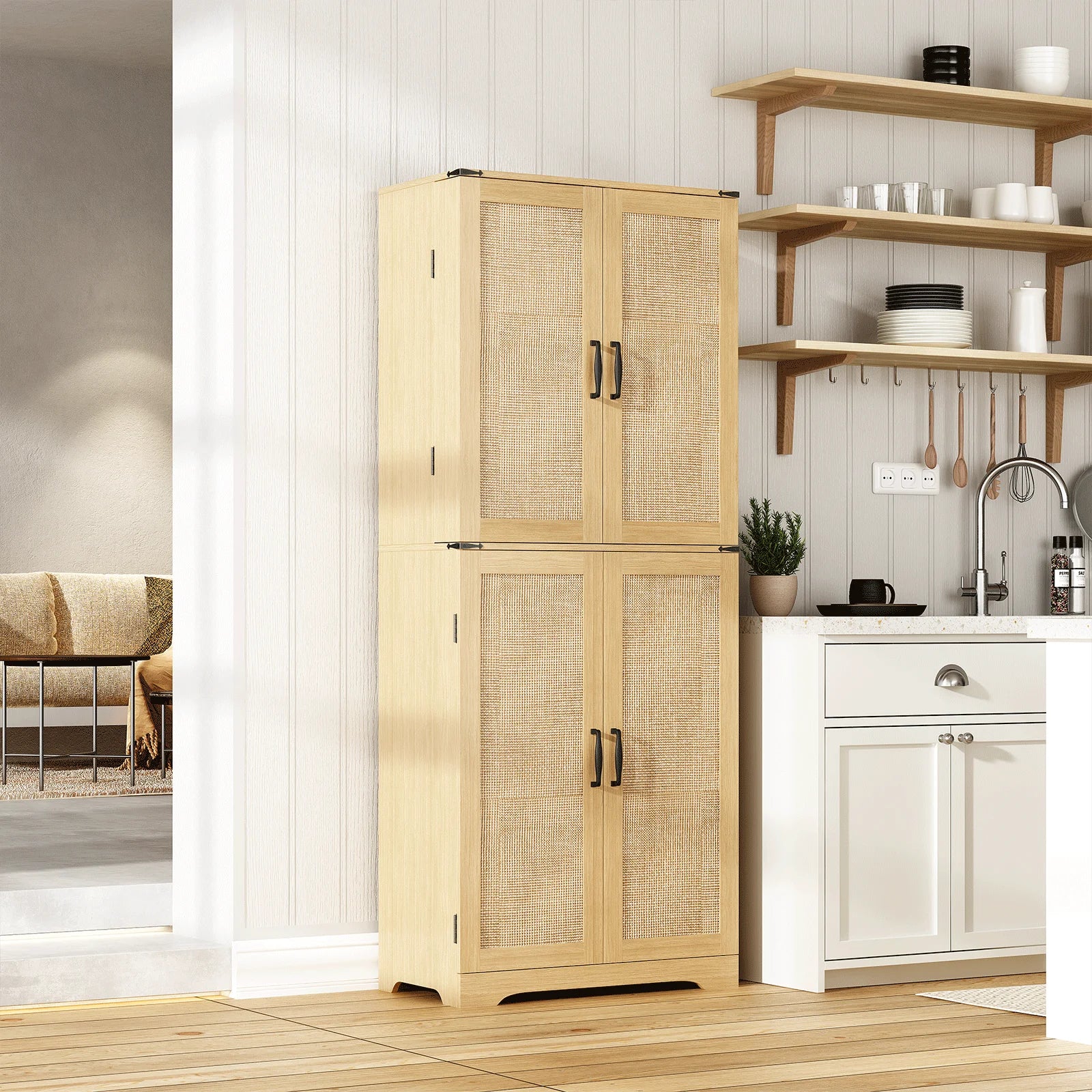 Redlife 72" Kitchen Pantry Storage Cabinet with 8 Shelves 4 Rattan Doors - Loft&Timber