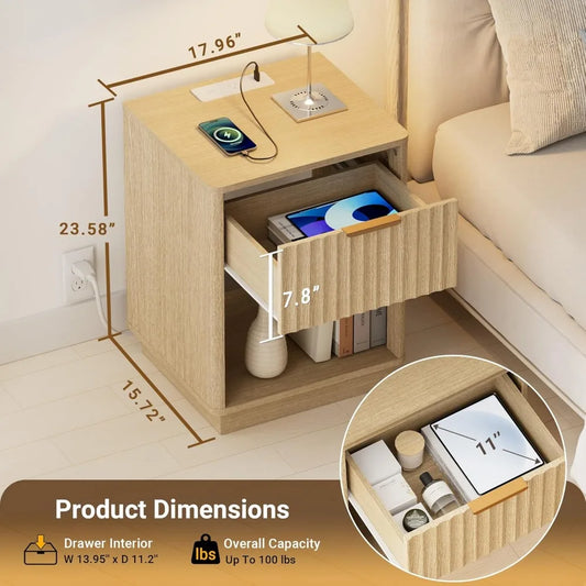 Fluted Nightstand Set of 2 with Charging Station, 18"