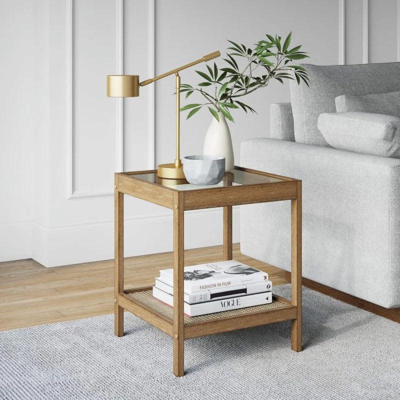 (UUX)Hayes Solid Nightstand, Bedside, End or Side Table in Light Brown Wood Finish & Glass Top with Open Storage Shelf, UQ