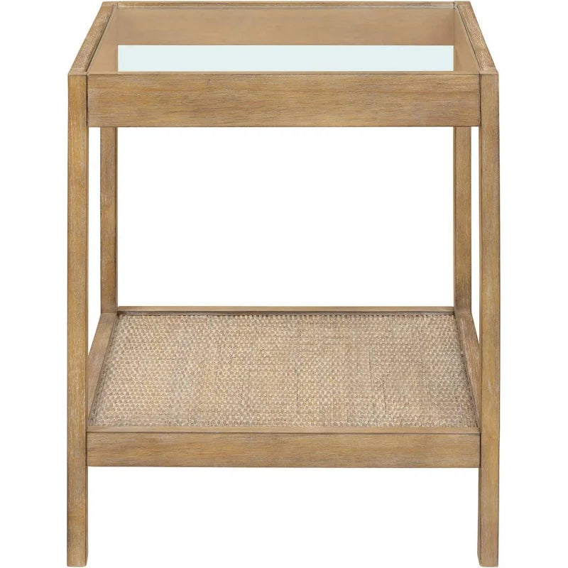 (UUX)Hayes Solid Nightstand, Bedside, End or Side Table in Light Brown Wood Finish & Glass Top with Open Storage Shelf, UQ
