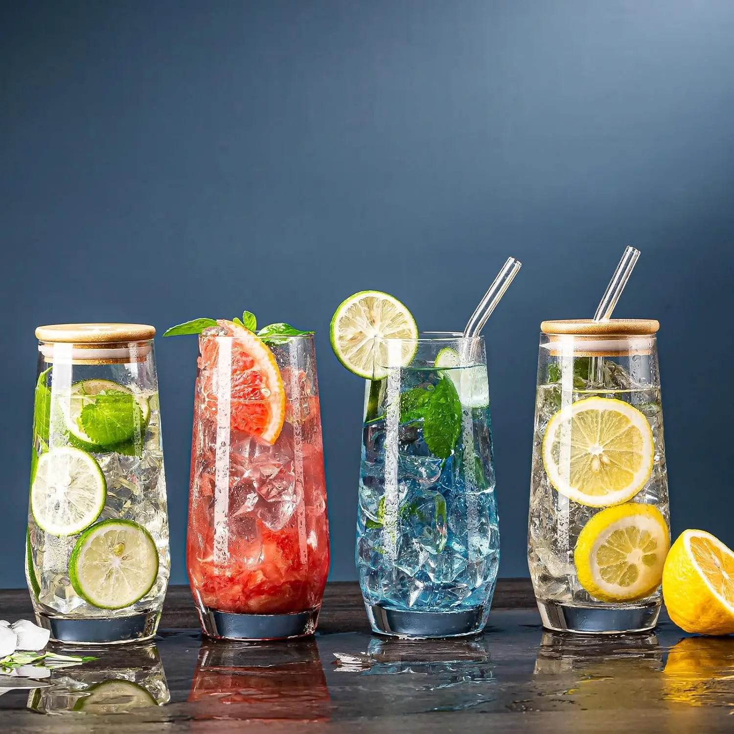 Drinking Glasses, Crystal Highball Glasses Set of 6 with Straws and Bamboo Lids - Loft&Timber