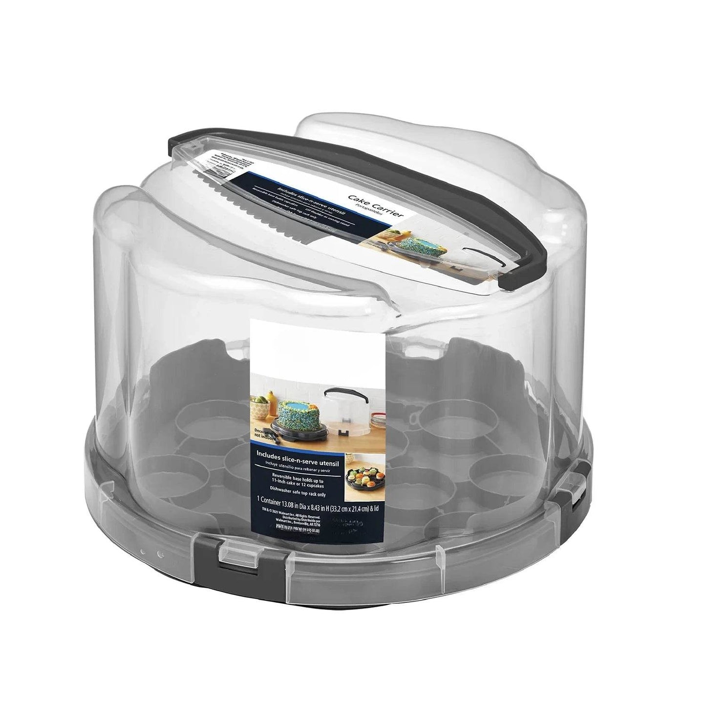 Round Plastic Cake and Cupcake Holder with Gray Handle - Loft&Timber