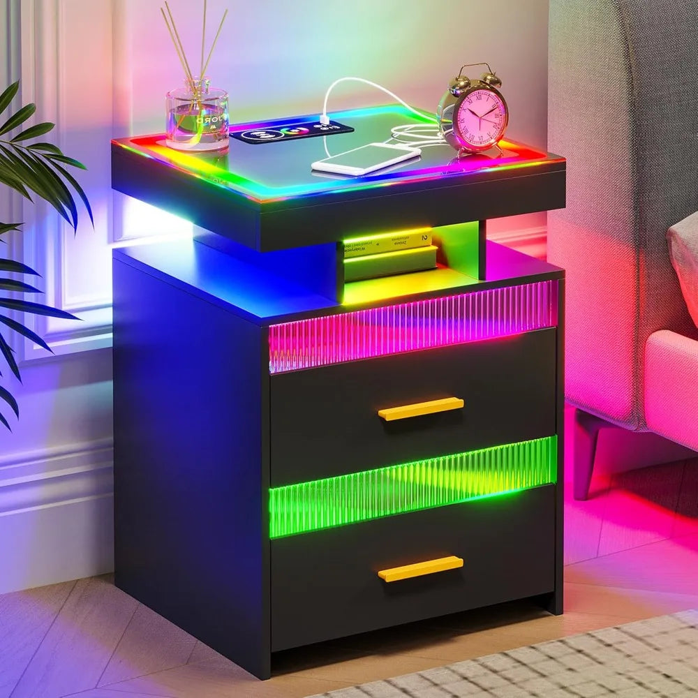 RGB LED Night Stand with Wireless Charging Station, Modern Bedside Table with Human Body Sensor Light, Smart Nightstand with Gl