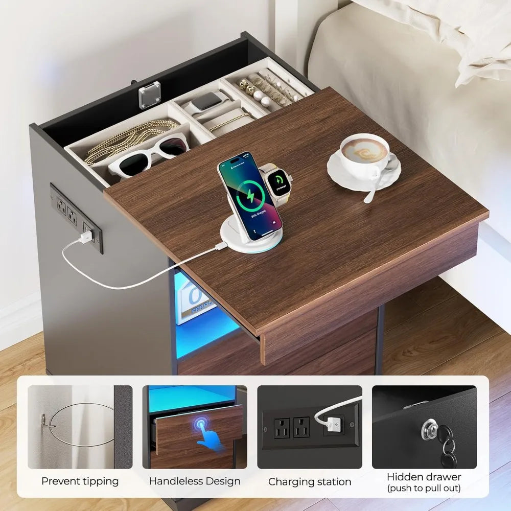 "modern lockable nightstand with hidden compartment, usb/type-c charging port, and led lighting"