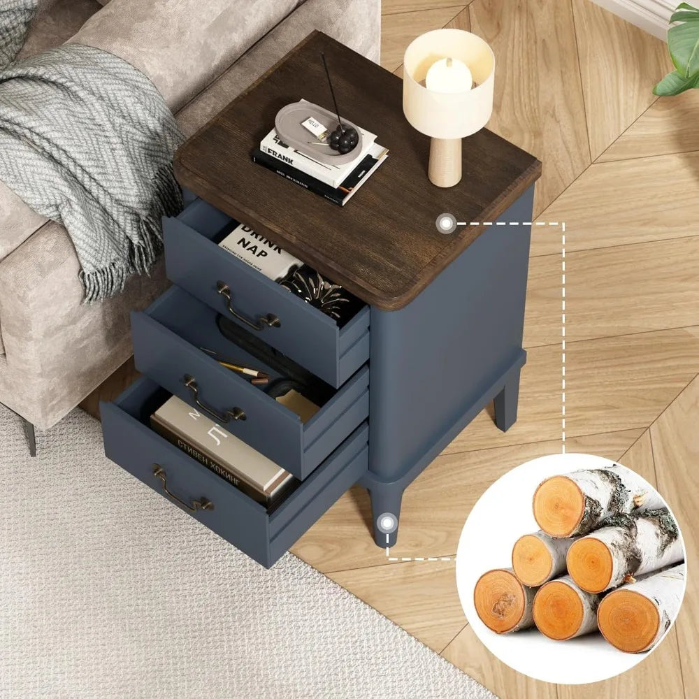 Farmhouse Nightstand with 3 Drawers,Modern Bedside Table with Round Curved Corner and Metal Handles, Wood End Side Table for Li