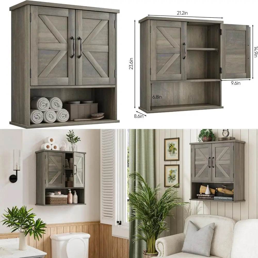 Farmhouse Style Wall-Mounted Bathroom Cabinet with Adjustable Shelves and Barn Door Design - Loft&Timber