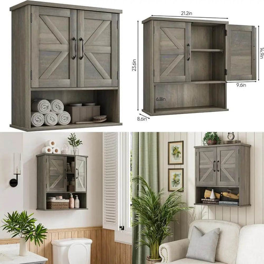 Farmhouse Style Wall-Mounted Bathroom Cabinet with Adjustable Shelves and Barn Door Design - Loft&Timber