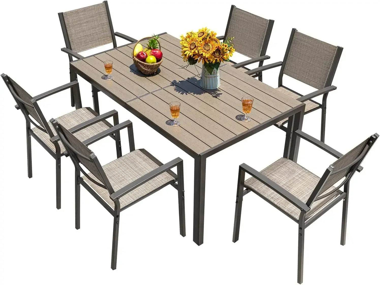 Patio Dining Set 7 Pieces Outdoor Furniture with Large Table and 6 Textilene Chairs - Loft&Timber