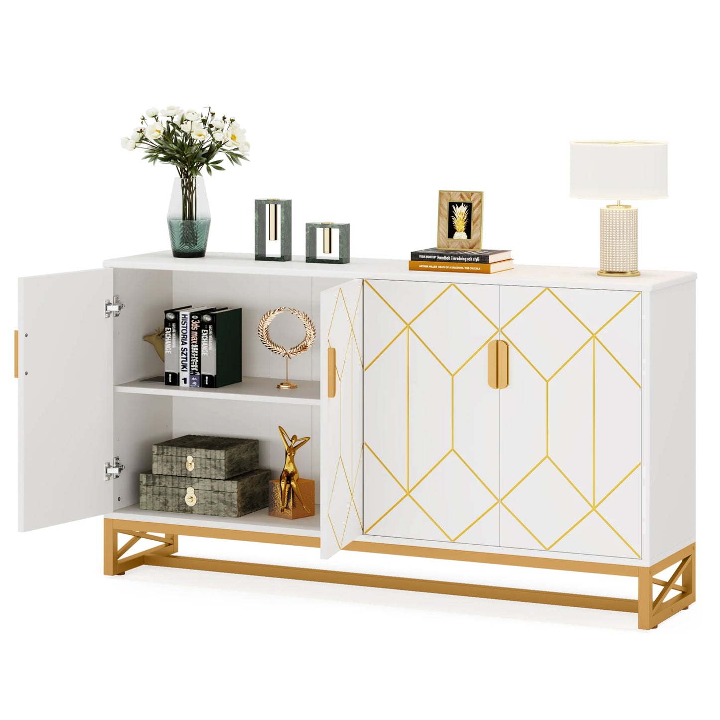 Tribesigns 59" White Gold Buffet Cabinet with Storage - Loft&Timber