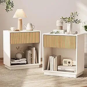 fluted nightstands set of 2, modern bedside table with drawer and storage shelf, wood end table mid century night stands for bed