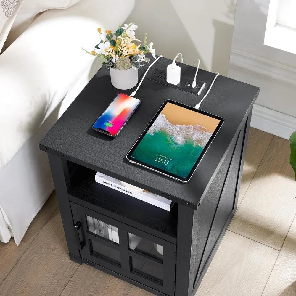 Farmhouse Nightstand with Charging Station, Rustic End Table with Tempered Glass Barn Door, Wood Sofa Side Bedside Table with Op