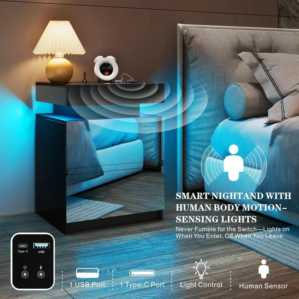 LED Nightstand Set of 2 - Bedside Table with Charging Station and 2 Mirrored Drawers Sliding Top with Magnetic Lock - Modern