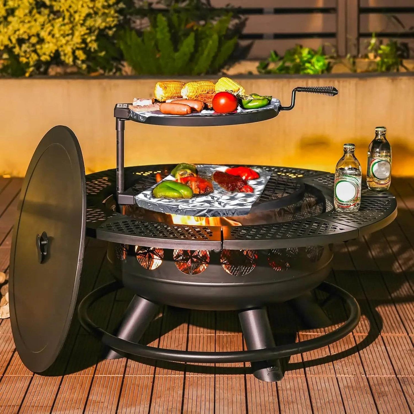 36 Inch Fire Pit with 2 Cooking Grills,Outdoor Wood Burning BBQ Firepit with Lid, 3-in-1 Outdoor Fire Pit - Loft&Timber