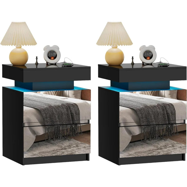 LED Nightstand Set of 2 - Bedside Table with Charging Station and 2 Mirrored Drawers Sliding Top with Magnetic Lock - Modern