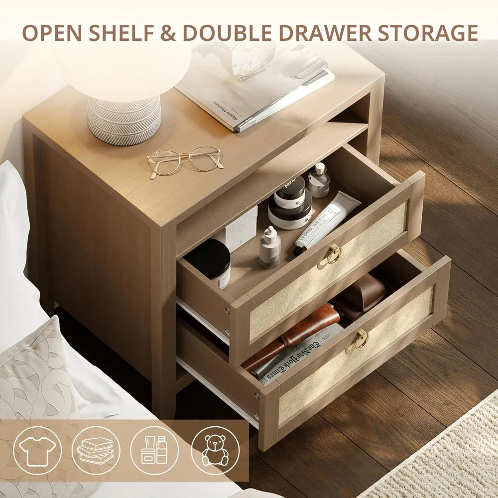 23.6" Rattan Night Stand Set of 2, Boho Nightstands with Charging Station, 2 Drawers and Strage Shelf, Large Night Stand