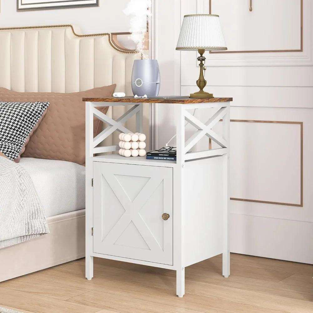 End Table Set of 2 with Charging Station, Side Table with Power Outlet & USB Ports, Nightstand with 2 Tiers Storage Space and St
