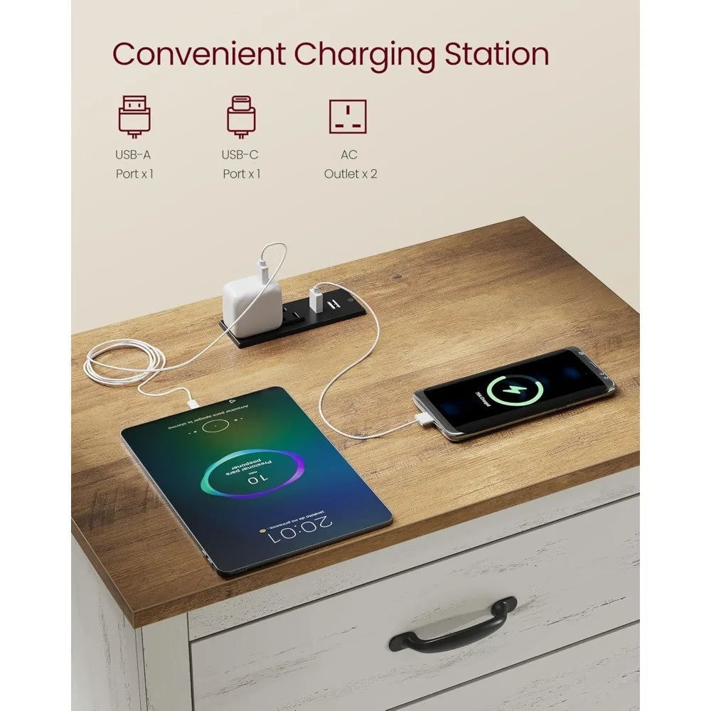 Charging Station Farmhouse Nightstand - 3 Drawer Bedside Table for Bedroom