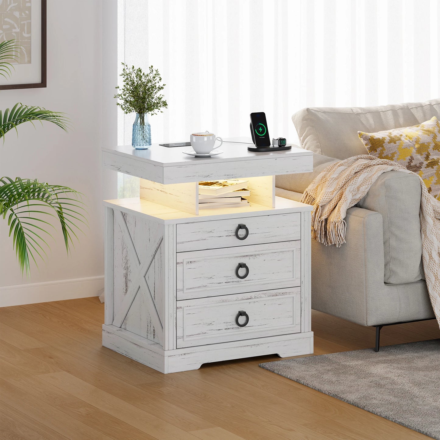 JDPAG Farmhouse Nightstand with Lockable Gun Drawer,3 Color Dimmable LED End Table with Charging Station,Bedside Table with Huma