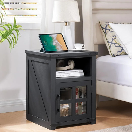 Farmhouse Nightstand with Charging Station, Rustic End Table with Tempered Glass Barn Door