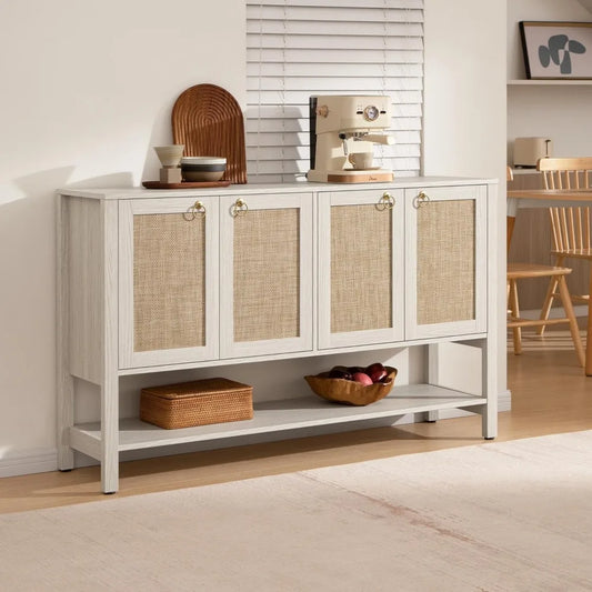 55" 4 Door Rattan Sideboard Buffet Cabinet with Open Storage - Loft&Timber