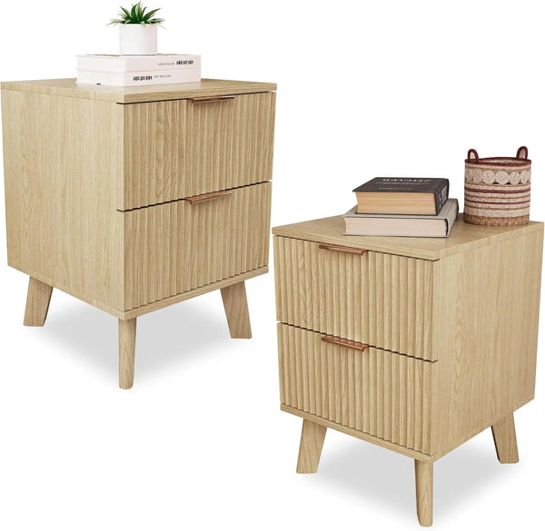 Fluted Nightstands, Mid Century Modern Drawer Dresser for Bedroom, Small Night Stand Side Table End Table with Wood D