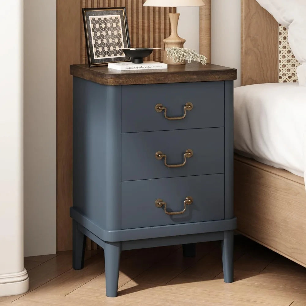 Farmhouse Nightstand with 3 Drawers,Modern Bedside Table with Round Curved Corner and Metal Handles, Wood End Side Table for Li
