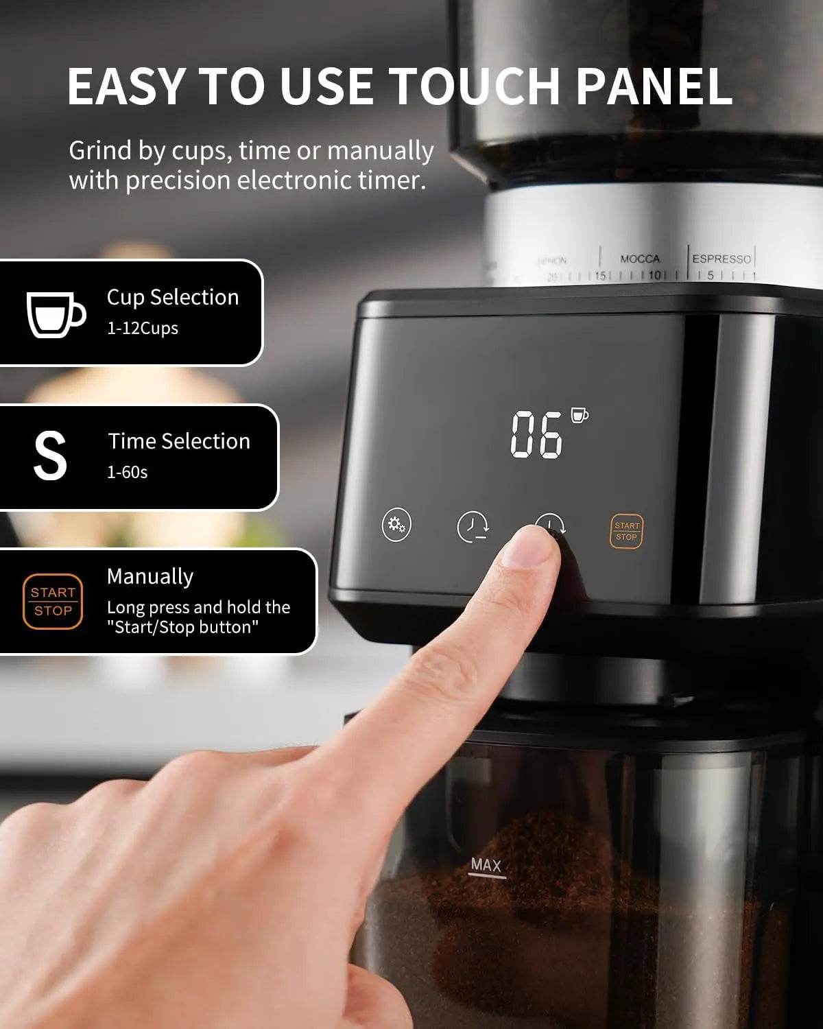 Conical Burr Espresso Coffee Grinder Electric with Precision Timer 2.0,Touchscreen Adjustable Burr Mill with 51 Precise Settings - Loft&Timber