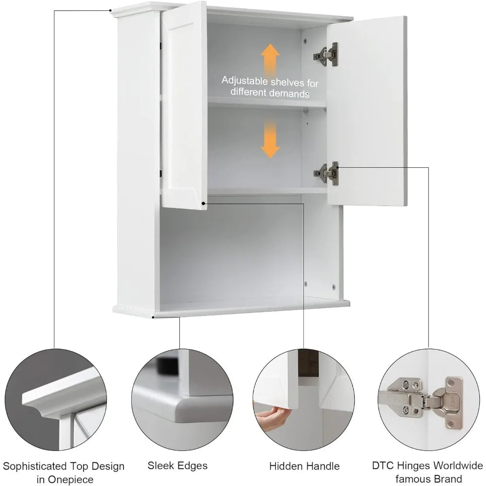 Wooden over-the-toilet wall cabinet, 23x29", buffering hinges, and adjustable shelves
