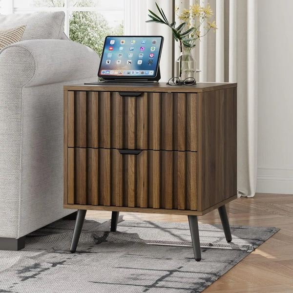 Walnut Wooden Night Stand, Mid Century Nightstand with 2 Fluted Drawers, Bedside Table with Metal Feet, Modern End Side Table fo